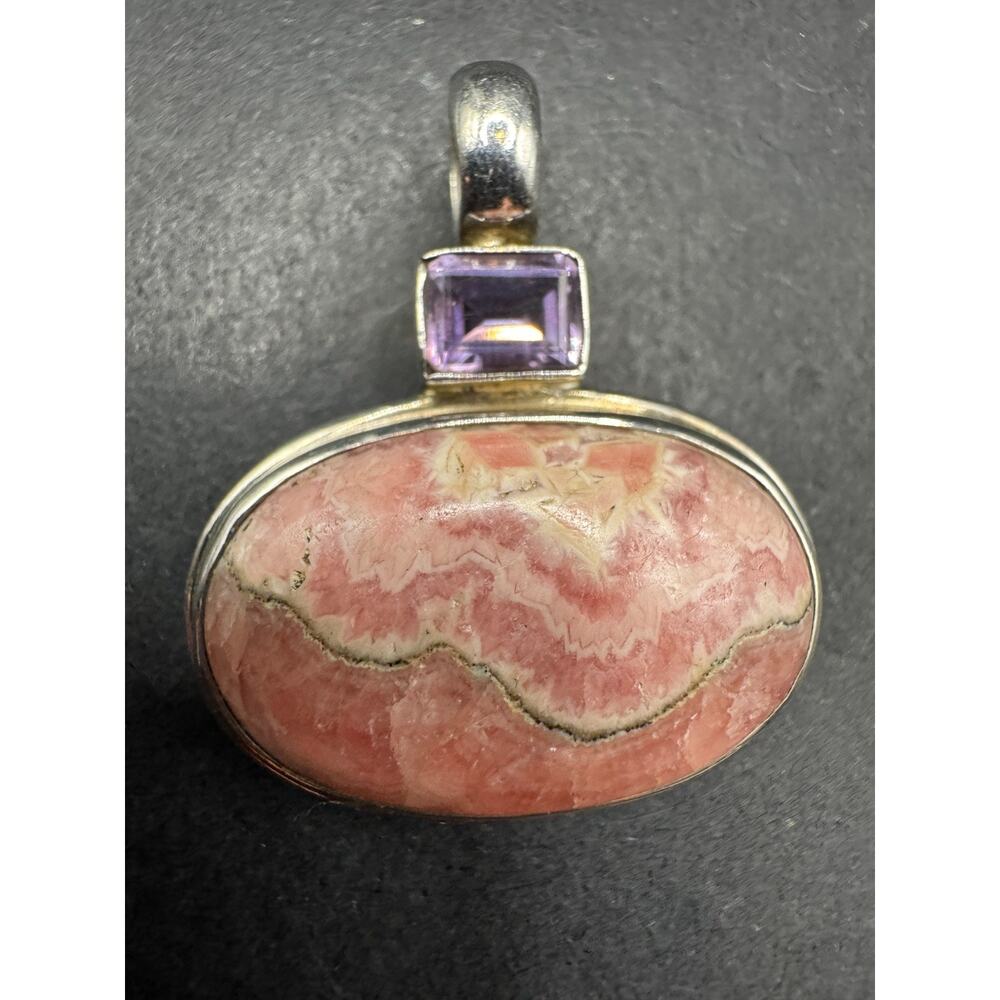 Vintage Sterling Silver 925 Rhodochrosite & Amethyst Accent Pendant 39mm